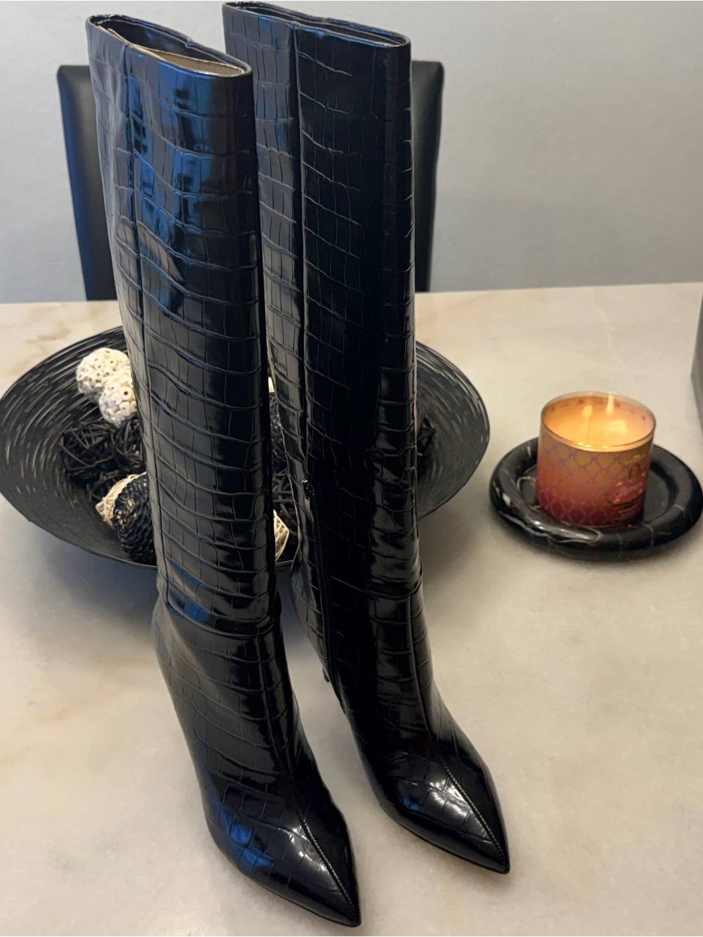 Nine West Black Croc-Embossed Knee-High Pointed-Toe Heeled Boots